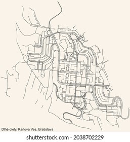 Detailed navigation urban street roads map on vintage beige background of the Bratislavan quarter Dlhé diely locality inside Karlova Ves borough of the Slovakian capital city of Bratislava, Slovakia