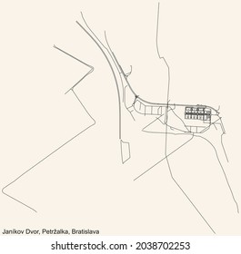 Detailed navigation urban street roads map on vintage beige background of the Bratislavan quarter Janíkov dvor locality inside Petržalka borough of the Slovakian capital city of Bratislava, Slovakia