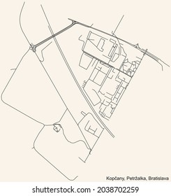 Detailed navigation urban street roads map on vintage beige background of the Bratislavan quarter Kopčany locality inside Petržalka borough of the Slovakian capital city of Bratislava, Slovakia