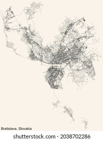 Detailed navigation urban street roads map on vintage beige background of the Slovakian capital city of Bratislava, Slovakia