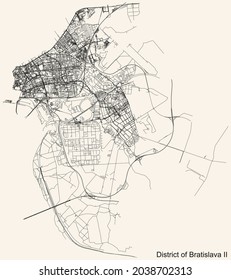 Detailed navigation urban street roads map on vintage beige background of the Bratislavan quarter Bratislava II district of the Slovakian capital city of Bratislava, Slovakia