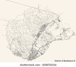 Detailed navigation urban street roads map on vintage beige background of the Bratislavan quarter Bratislava III district of the Slovakian capital city of Bratislava, Slovakia