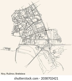 Detailed navigation urban street roads map on vintage beige background of the Bratislavan quarter Nivy locality inside Ružinov borough of the Slovakian capital city of Bratislava, Slovakia