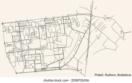 Detailed navigation urban street roads map on vintage beige background of the Bratislavan quarter Pošeň locality inside Ružinov borough of the Slovakian capital city of Bratislava, Slovakia