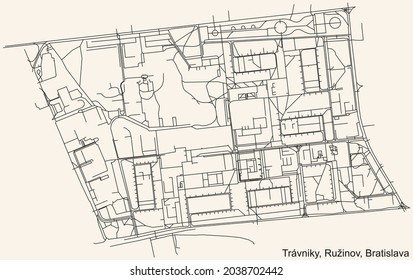 Detailed navigation urban street roads map on vintage beige background of the Bratislavan quarter Trávniky locality inside Ružinov borough of the Slovakian capital city of Bratislava, Slovakia