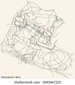 Detailed navigation urban street roads map on vintage beige background of the brněnský quarter Kohoutovice district of the Czech capital city of Brno, Czech Republic