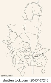 Detailed navigation urban street roads map on vintage beige background of the brněnský quarter Jehnice district of the Czech capital city of Brno, Czech Republic
