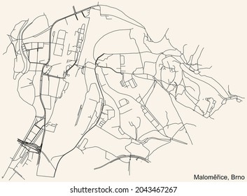 Detailed navigation urban street roads map on vintage beige background of the brněnský quarter Maloměřice district of the Czech capital city of Brno, Czech Republic