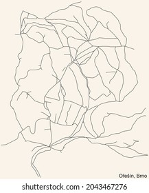 Detailed navigation urban street roads map on vintage beige background of the brněnský quarter Ořešín district of the Czech capital city of Brno, Czech Republic
