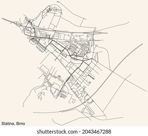 Detailed navigation urban street roads map on vintage beige background of the brněnský quarter Slatina district of the Czech capital city of Brno, Czech Republic