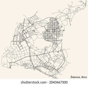 Detailed navigation urban street roads map on vintage beige background of the brněnský quarter Židenice district of the Czech capital city of Brno, Czech Republic