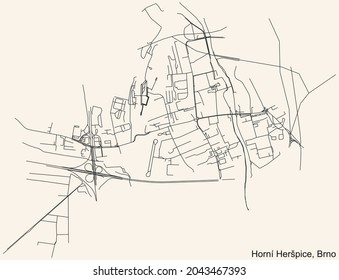 Detailed navigation urban street roads map on vintage beige background of the brněnský Horní Heršpice cadastral area of the Czech regional capital city of Brno, Czech Republic