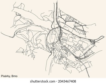 Detailed navigation urban street roads map on vintage beige background of the brněnský Pisárky cadastral area of the Czech regional capital city of Brno, Czech Republic