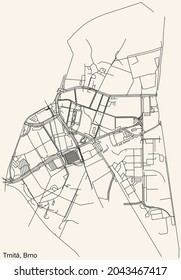 Detailed navigation urban street roads map on vintage beige background of the brněnský Trnitá cadastral area of the Czech regional capital city of Brno, Czech Republic