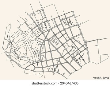 Detailed navigation urban street roads map on vintage beige background of the brněnský Veveří cadastral area of the Czech regional capital city of Brno, Czech Republic