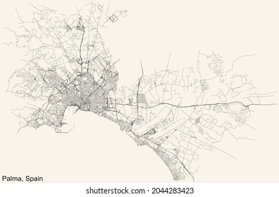 Detaillierte Stadtstraßen-Karte auf beigem Hintergrund der spanischen Hauptstadt Palma, Spanien