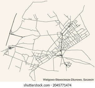 Detailed navigation urban street roads map on vintage beige background of the quarter Wielgowo-Sławociesze-Zdunowo municipal neighborhood of the Polish regional capital city of Szczecin, Poland