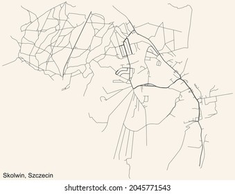 Detailed navigation urban street roads map on vintage beige background of the quarter Skolwin municipal neighborhood of the Polish regional capital city of Szczecin, Poland