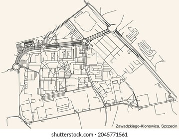 Detailed navigation urban street roads map on vintage beige background of the quarter Zawadzkiego-Klonowica municipal neighborhood of the Polish regional capital city of Szczecin, Poland