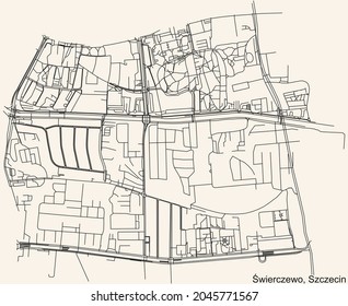 Detailed navigation urban street roads map on vintage beige background of the quarter Świerczewo municipal neighborhood of the Polish regional capital city of Szczecin, Poland
