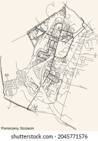 Detailed navigation urban street roads map on vintage beige background of the quarter Pomorzany municipal neighborhood of the Polish regional capital city of Szczecin, Poland