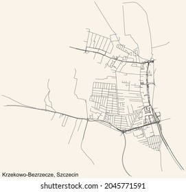 Detailed navigation urban street roads map on vintage beige background of the quarter Krzekowo-Bezrzecze municipal neighborhood of the Polish regional capital city of Szczecin, Poland