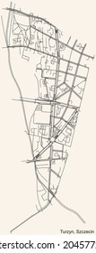 Detailed navigation urban street roads map on vintage beige background of the quarter Turzyn municipal neighborhood of the Polish regional capital city of Szczecin, Poland