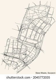 Detailed navigation urban street roads map on vintage beige background of the quarter Stare Miasto municipal neighborhood of the Polish regional capital city of Szczecin, Poland