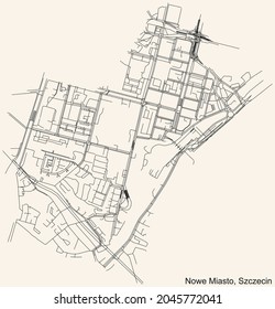 Detailed navigation urban street roads map on vintage beige background of the quarter Nowe Miasto municipal neighborhood of the Polish regional capital city of Szczecin, Poland