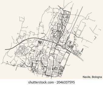 Detailed navigation urban street roads map on vintage beige background of the quarter Quartiere Navile district of the Italian regional capital city of Bologna, Italy