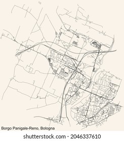 Mapa detallado de la navegación por las calles urbanas sobre el fondo beige vintage del barrio Quartiere Borgo Panigale-Reno de la capital regional italiana de Bolonia, Italia