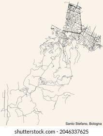 Detailed navigation urban street roads map on vintage beige background of the quarter Quartiere Santo Stefano district of the Italian regional capital city of Bologna, Italy