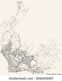 Detailed navigation urban street roads map on vintage beige background of the quarter Quartiere 2 Campo di Marte district of the Italian regional capital city of Florence, Italy