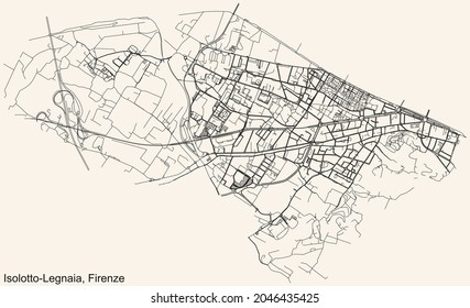 Detailed navigation urban street roads map on vintage beige background of the quarter Quartiere 4 Isolotto-Legnaia district of the Italian regional capital city of Florence, Italy