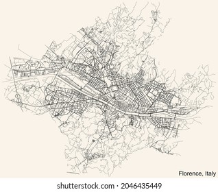 Detailed navigation urban street roads map on vintage beige background of the Italian regional capital city of Florence, Italy