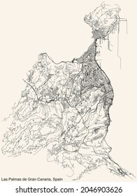 Detailed navigation urban street roads map on vintage beige background of the Spanish regional capital city of Las Palmas, Spain