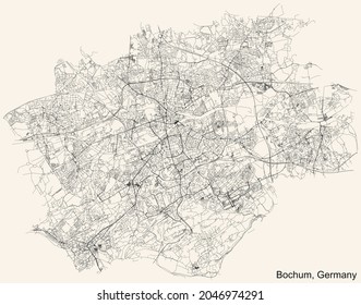 Detailed navigation urban street roads map on vintage beige background of the German regional capital city of Bochum, Germany