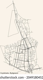 Detailed navigation urban street roads map on vintage beige background of the quarter Czyżkówko district of the Polish regional capital city of Bydgoszcz, Poland