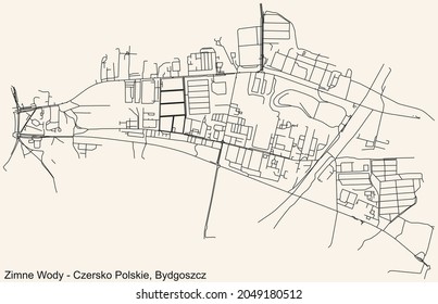 Detailed navigation urban street roads map on vintage beige background of the quarter Zimne Wody–Czersko Polskie district of the Polish regional capital city of Bydgoszcz, Poland