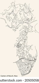Detailed navigation urban street roads map on vintage beige background of the quarter Canton of Nice-6 district of the French regional capital city of Nice, France