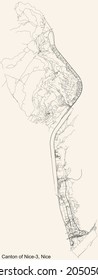 Detailed navigation urban street roads map on vintage beige background of the quarter Canton of Nice-3 district of the French regional capital city of Nice, France