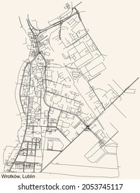 Detailed navigation urban street roads map on vintage beige background of the quarter Wrotków district of the Polish regional capital city of Lublin, Poland