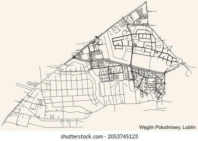 Detailed navigation urban street roads map on vintage beige background of the quarter Węglin Południowy district of the Polish regional capital city of Lublin, Poland