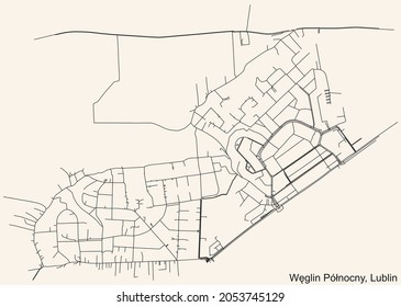 Detailed navigation urban street roads map on vintage beige background of the quarter Węglin Północny district of the Polish regional capital city of Lublin, Poland