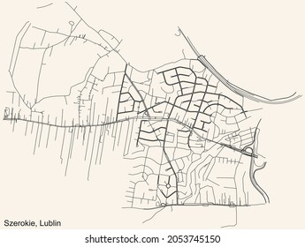 Detailed navigation urban street roads map on vintage beige background of the quarter Szerokie district of the Polish regional capital city of Lublin, Poland