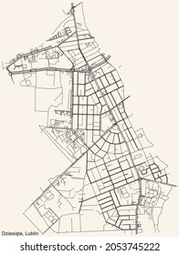 Detailed navigation urban street roads map on vintage beige background of the quarter Dziesiąta district of the Polish regional capital city of Lublin, Poland