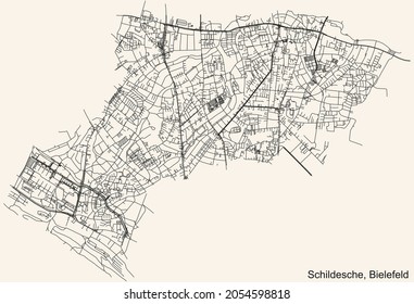 Detailed navigation urban street roads map on vintage beige background of the quarter Schildesche district of the German regional capital city of Bielefeld, Germany
