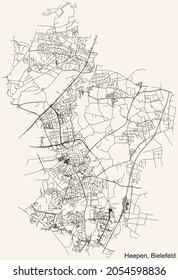 Detailed navigation urban street roads map on vintage beige background of the quarter Heepen district of the German regional capital city of Bielefeld, Germany