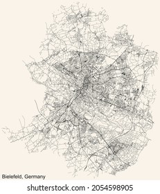 Detailed navigation urban street roads map on vintage beige background of the German regional capital city of Bielefeld, Germany