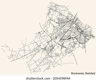 Detailed navigation urban street roads map on vintage beige background of the quarter Brackwede district of the German regional capital city of Bielefeld, Germany